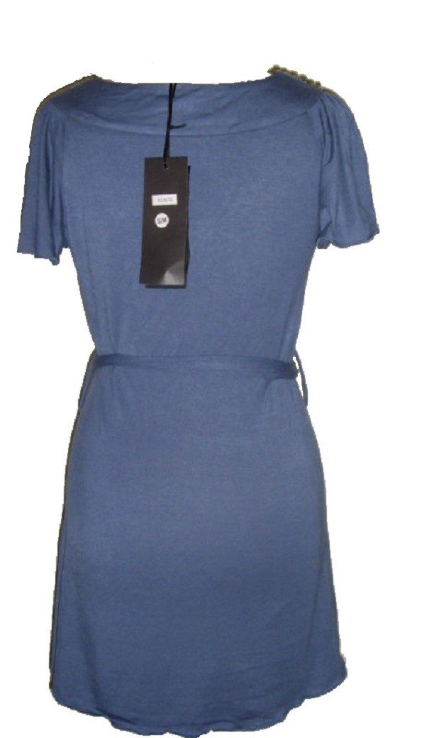 Ladies Navy Blue Flat Stud Neckline Short Sleeve Belted Tops