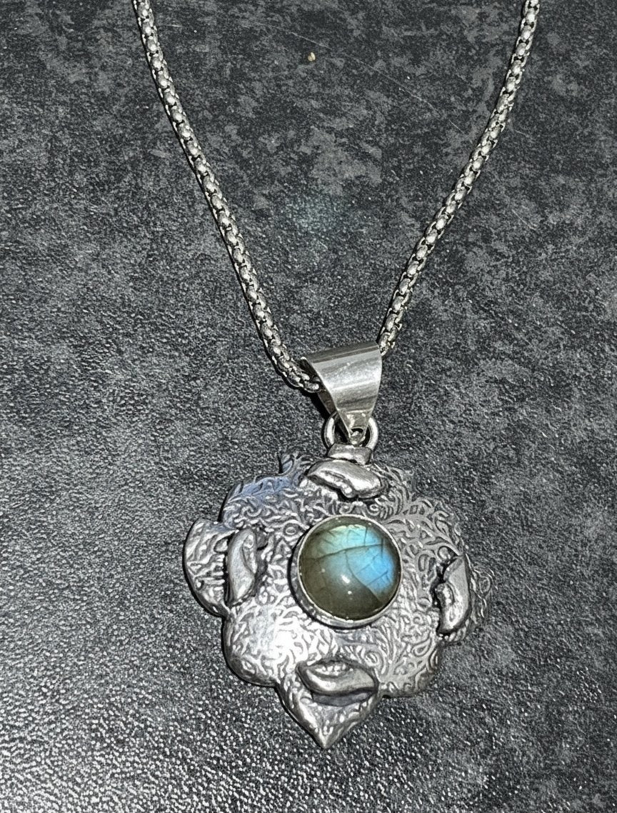 Ladies 925 Silver Plated Firey Labradorite 2" Pendant and Chain Necklace