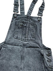 Girls Dark Grey Wash Denim Adjustable Straps Pinafore Dress