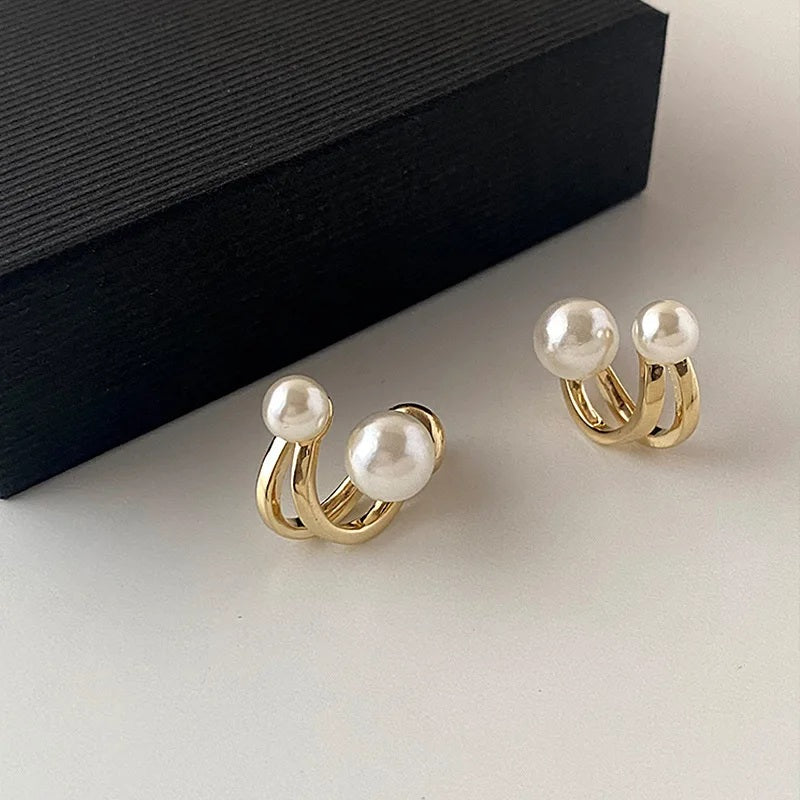Ladies Gold Double Sided Simulated Pearl Double Layer0 Hook Stud Earrings