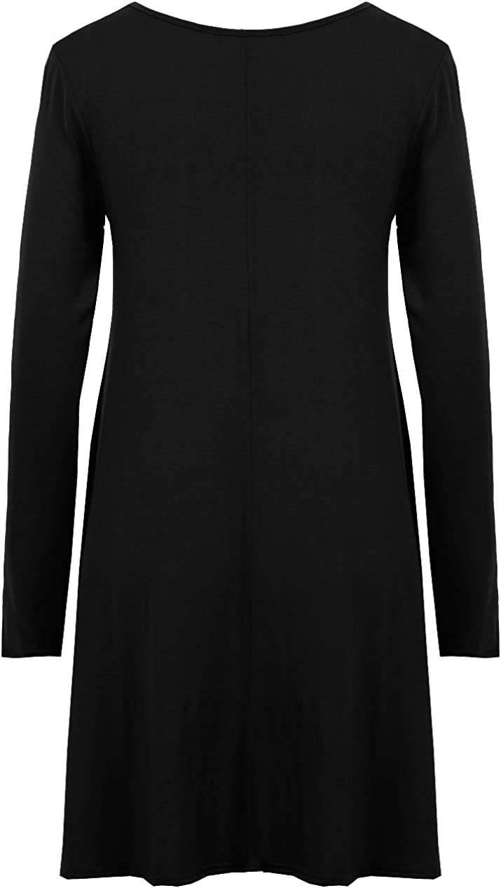 Ladies Plain Jersey Flared Swing Long Sleeve Soft Stretchy Short Dress