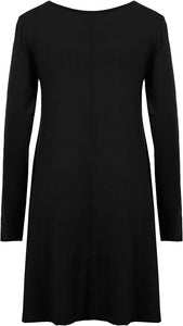 Ladies Plain Jersey Flared Swing Long Sleeve Soft Stretchy Short Dress