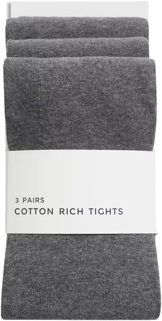 Girls 3 Pairs Grey Knitted Cotton Rich Soft Breathable Warm School Casual Tights