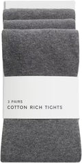 Girls 3 Pairs Grey Knitted Cotton Rich Soft Breathable Warm School Casual Tights