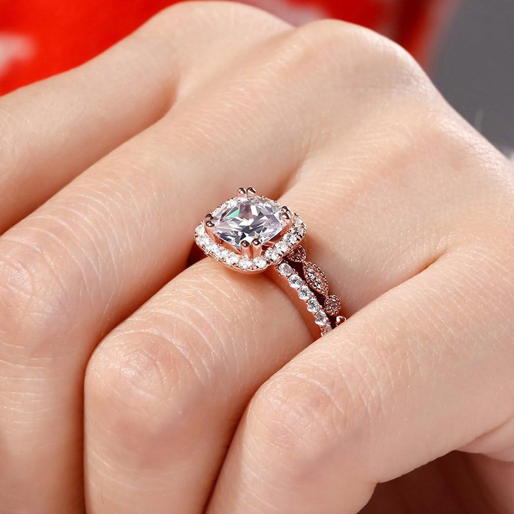 Ladies Rose Gold 2-in-1 Crystals Engagement Band Fashion Ring Sets
