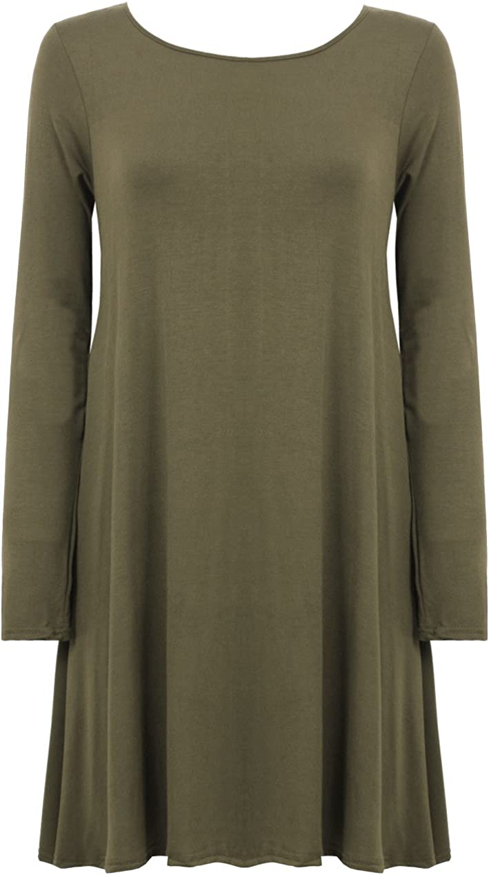 Ladies Plain Jersey Flared Swing Long Sleeve Soft Stretchy Short Dress