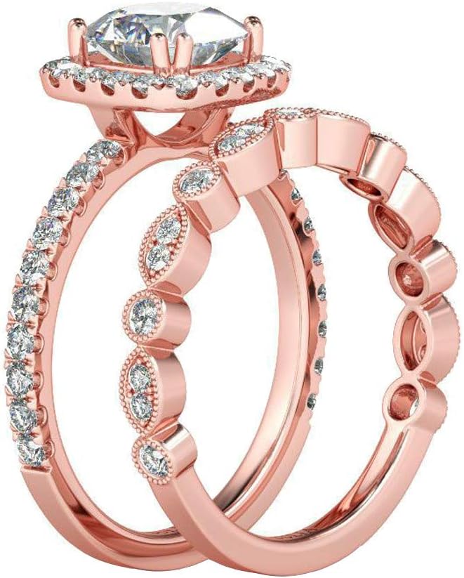 Ladies Rose Gold 2-in-1 Crystals Engagement Band Fashion Ring Sets