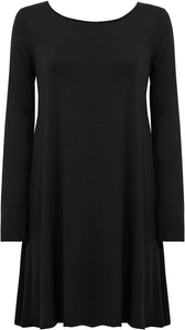 Ladies Plain Jersey Flared Swing Long Sleeve Soft Stretchy Short Dress