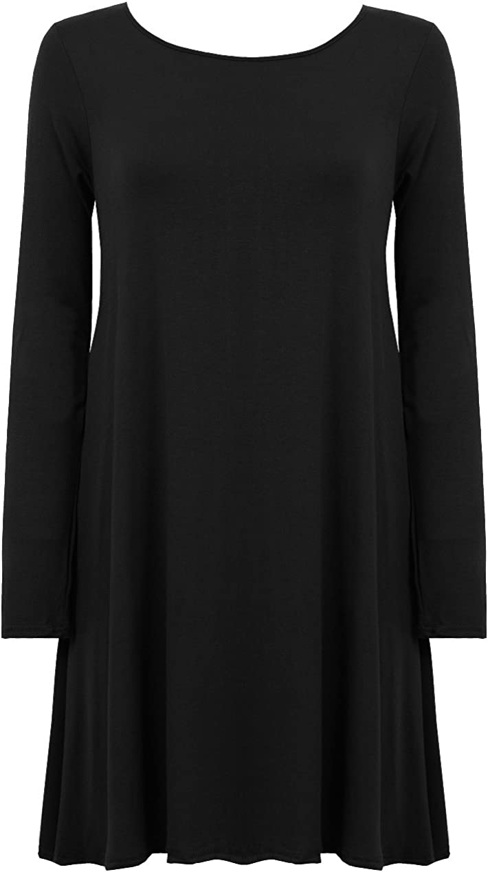 Ladies Plain Jersey Flared Swing Long Sleeve Soft Stretchy Short Dress