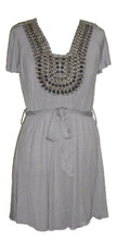 Load image into Gallery viewer, Ladies Ivory Grey Flat Stud Neckline Short Sleeve Belted Tops
