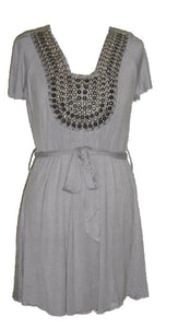 Ladies Ivory Grey Flat Stud Neckline Short Sleeve Belted Tops