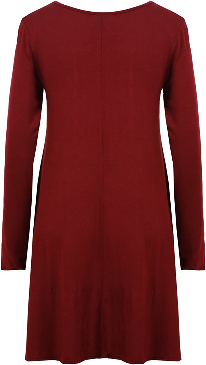 Ladies Plain Jersey Flared Swing Long Sleeve Soft Stretchy Short Dress