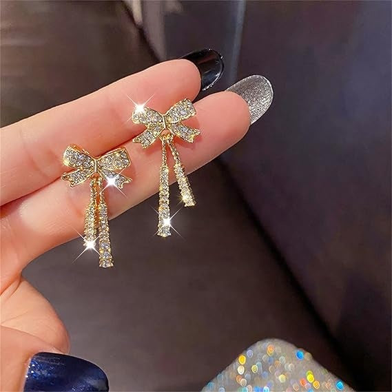 Ladies Gold Plated Sparkling Rhinestone Bowknot Tassel Drop Stud Earrings