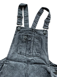 Girls Dark Grey Wash Denim Adjustable Straps Pinafore Dress