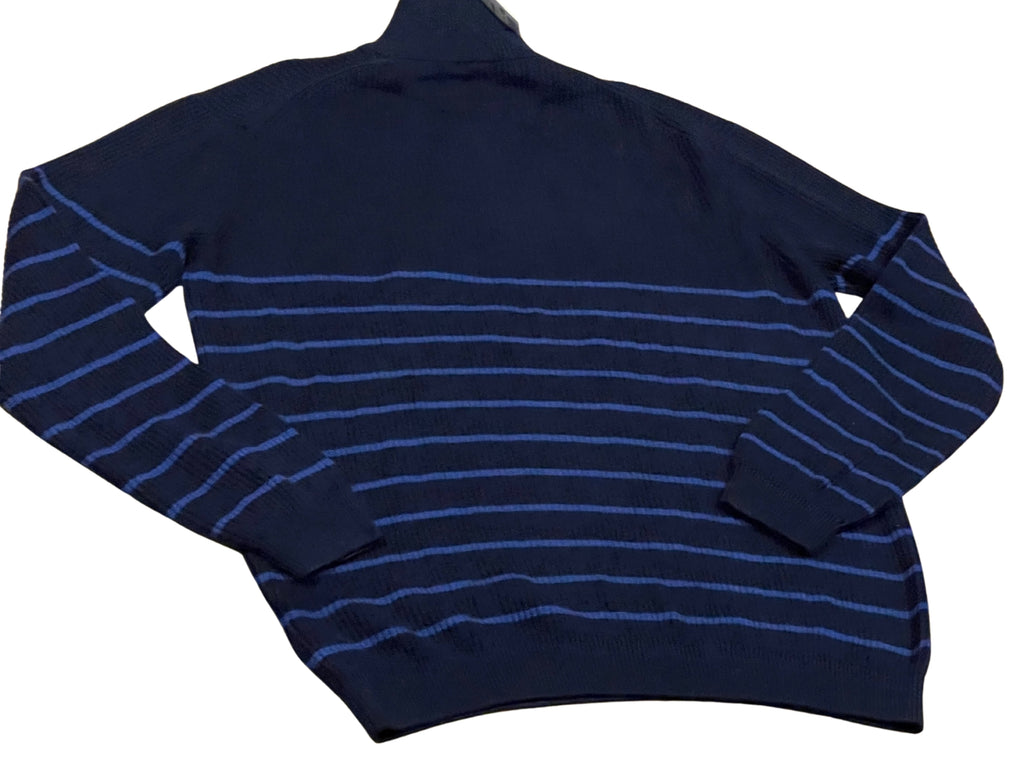 Mens Navy & Blue Stripes Rib Organic Cotton High Neck Half Zip Longsleeve Jumper