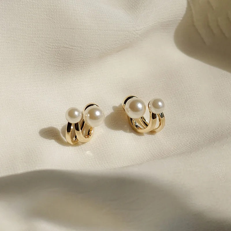 Ladies Gold Double Sided Simulated Pearl Double Layer0 Hook Stud Earrings