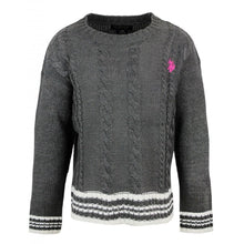 Load image into Gallery viewer, Girls Grey Polo ASSN Cable Knit Cotton Rich White Stripe Jumper
