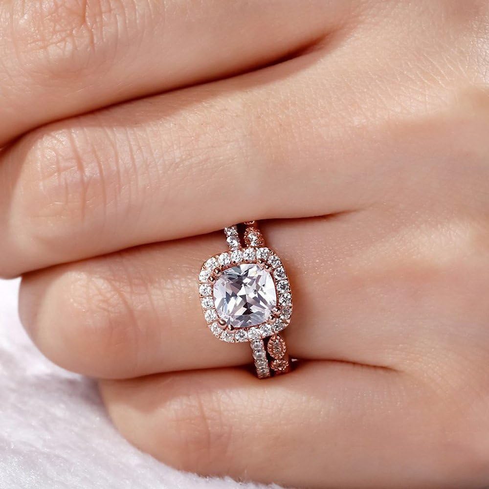 Ladies Rose Gold 2-in-1 Crystals Engagement Band Fashion Ring Sets