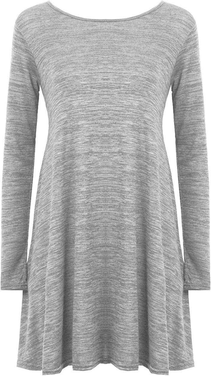Ladies Plain Jersey Flared Swing Long Sleeve Soft Stretchy Short Dress