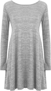 Ladies Plain Jersey Flared Swing Long Sleeve Soft Stretchy Short Dress