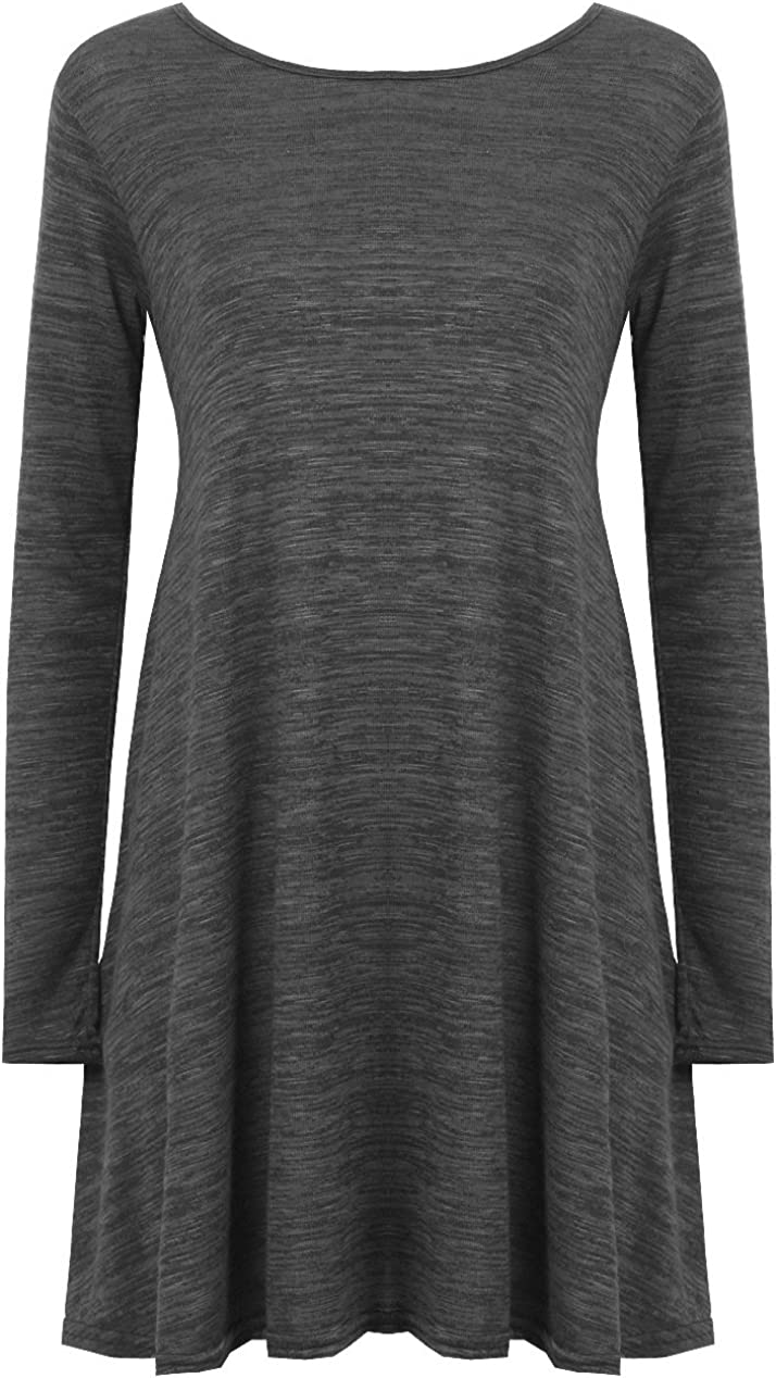 Ladies Plain Jersey Flared Swing Long Sleeve Soft Stretchy Short Dress