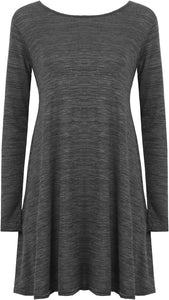Ladies Plain Jersey Flared Swing Long Sleeve Soft Stretchy Short Dress