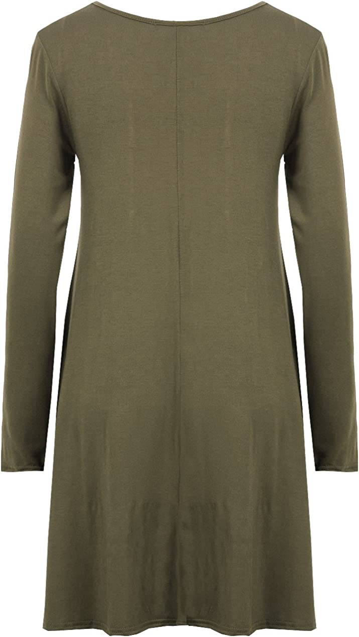 Ladies Plain Jersey Flared Swing Long Sleeve Soft Stretchy Short Dress