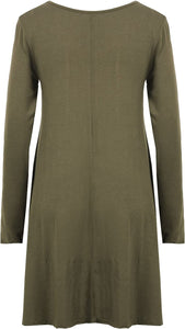 Ladies Plain Jersey Flared Swing Long Sleeve Soft Stretchy Short Dress