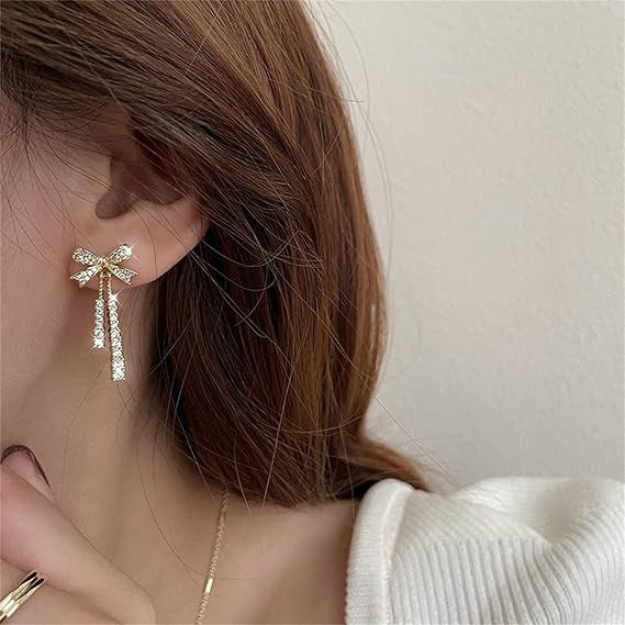 Ladies Gold Plated Sparkling Rhinestone Bowknot Tassel Drop Stud Earrings