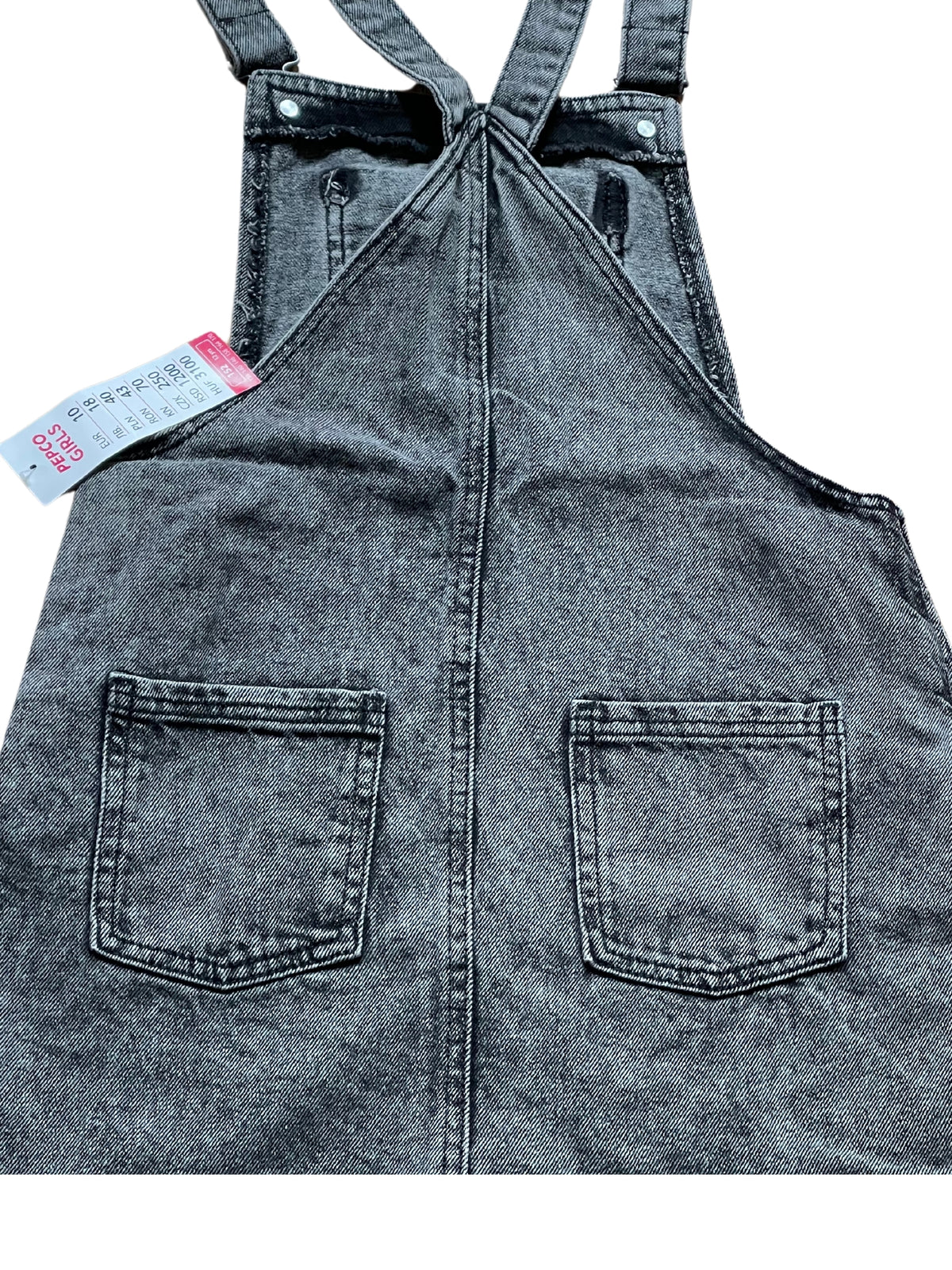 Girls Dark Grey Wash Denim Adjustable Straps Pinafore Dress