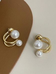 Ladies Gold Double Sided Simulated Pearl Double Layer0 Hook Stud Earrings