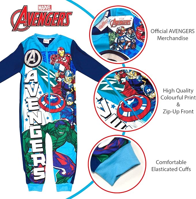 Boys Avengers Blue Multi Soft Micro Fleece All In One Pyjamas