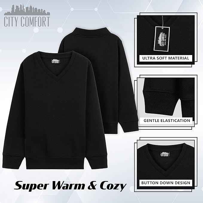 Boys Girls Black V Neck Fleece Pullover Casual School Jumper 2 Pack Sweatshirts