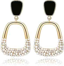 Load image into Gallery viewer, Ladies Gold Plated Crystal Black Enamel 2 Tier Layer Dangle Stud Earrings
