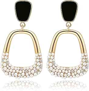 Ladies Gold Plated Crystal Black Enamel 2 Tier Layer Dangle Stud Earrings