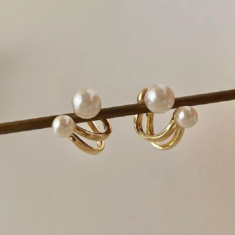 Ladies Gold Double Sided Simulated Pearl Double Layer0 Hook Stud Earrings