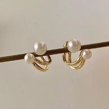 Load image into Gallery viewer, Ladies Gold Double Sided Simulated Pearl Double Layer0 Hook Stud Earrings
