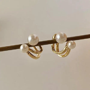 Ladies Gold Double Sided Simulated Pearl Double Layer0 Hook Stud Earrings