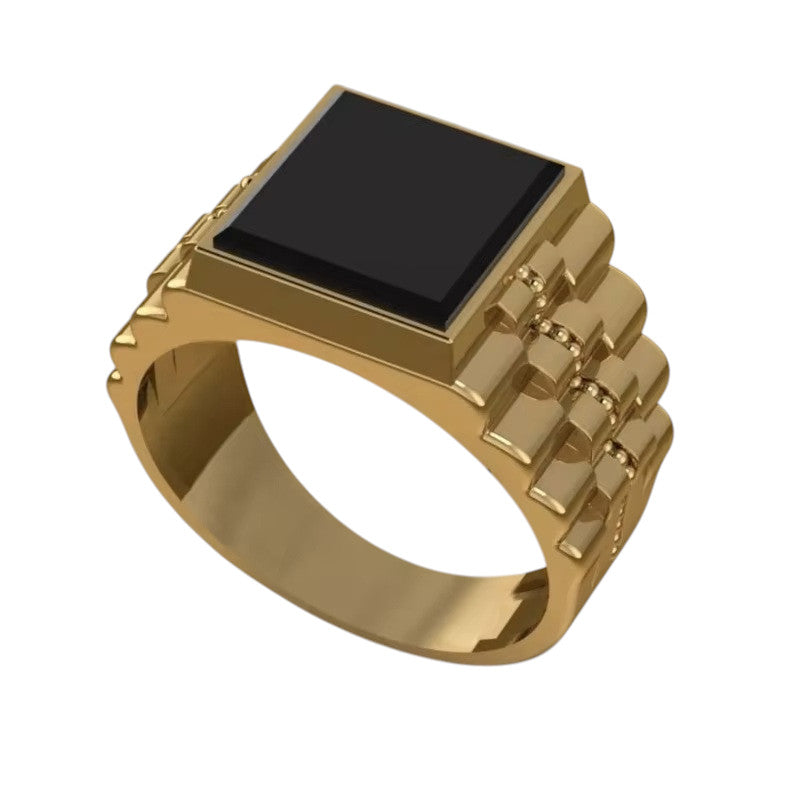 Mens Gold Plated Square Inlaid with Black Stone Thick Band Side Layer Gents Ring