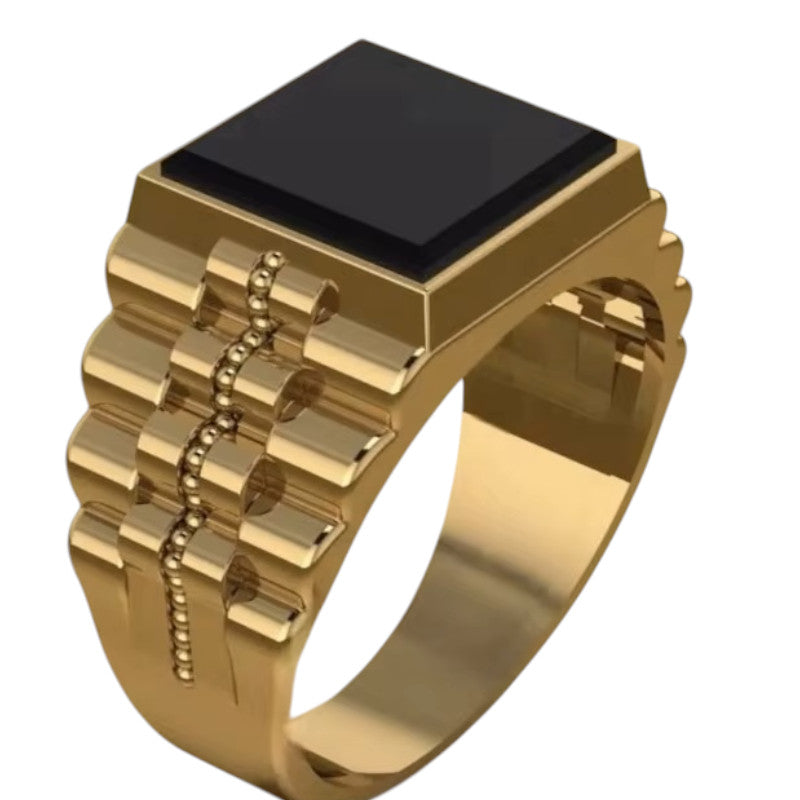 Mens Gold Plated Square Inlaid with Black Stone Thick Band Side Layer Gents Ring
