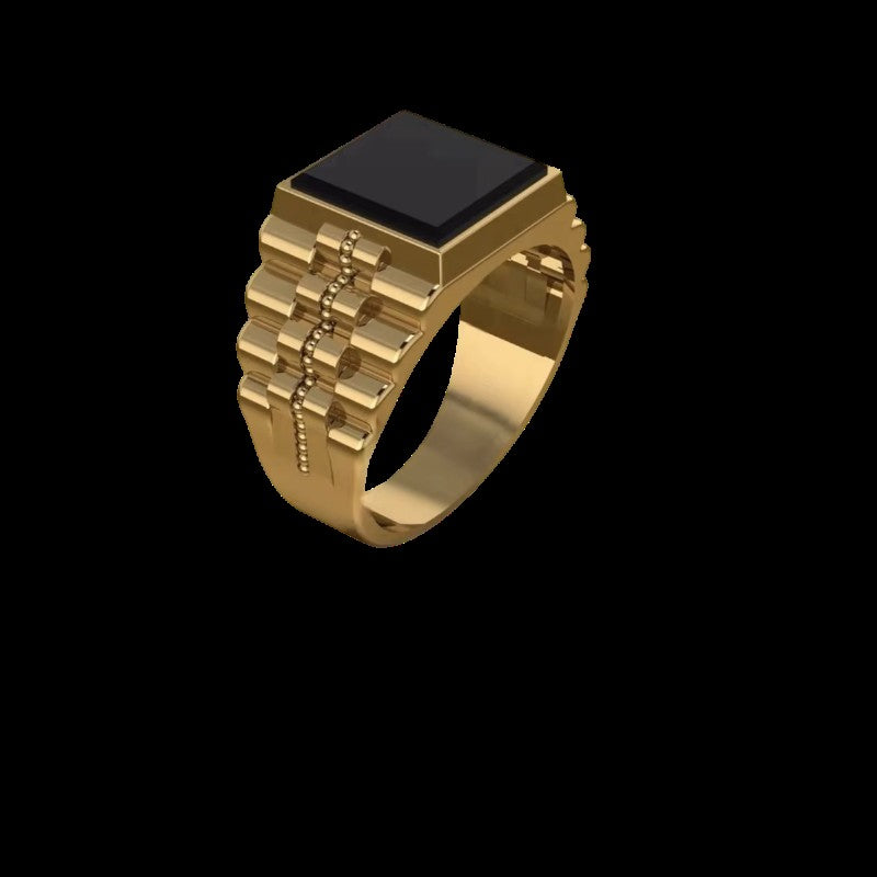 Mens Gold Plated Square Inlaid with Black Stone Thick Band Side Layer Gents Ring