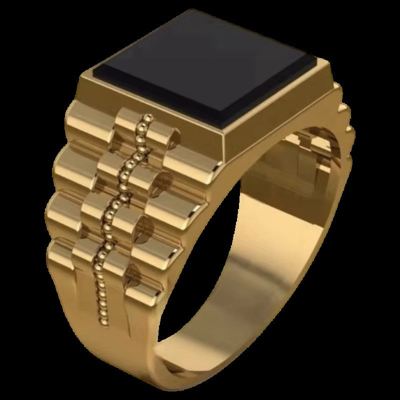 Mens Gold Plated Square Inlaid with Black Stone Thick Band Side Layer Gents Ring