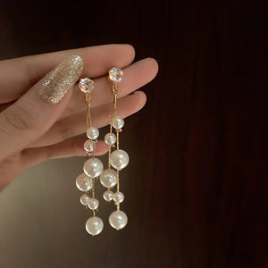 Ladies Gold Plated Simulated Pearl Double Beads Long Dangle Stud Earrings