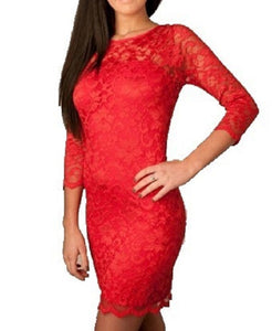 Red Floral Lace Bodycon ¾ Sleeve Dress