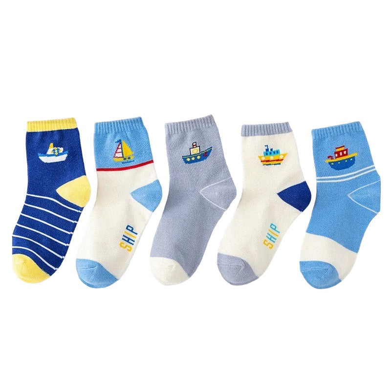Boys Blue Soft Stripe Sailboat Print 5 Pairs Ankle Socks 4-8y