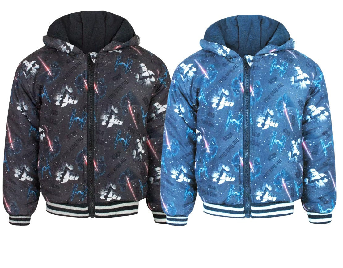 Boys Star Wars Blue Grey Fleece Lined Hooded Winter School Jacket