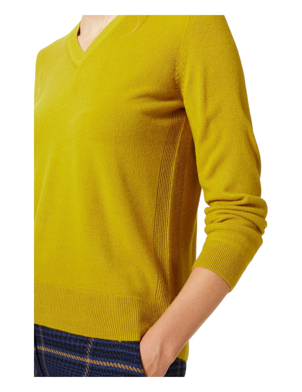 Ladies Mustard Pure Cotton Wide Ribbed V-Neck Jumpers