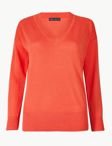 Ladies Coral Pure Cotton Wide Ribbed V-Neck Jumpers