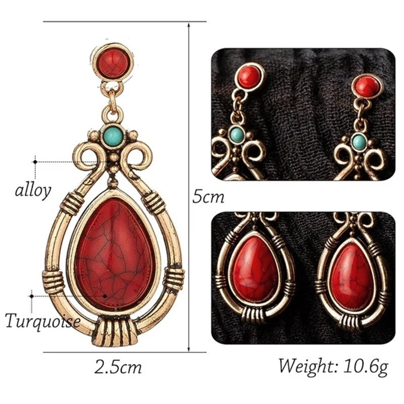 Ladies Ethnic Retro Tibetan Red Turquoise Water Drop Earrings