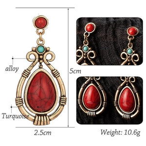 Ladies Ethnic Retro Tibetan Red Turquoise Water Drop Earrings